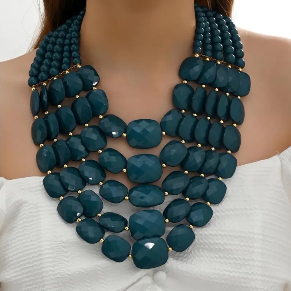Teal Blue Acrylic Multifaceted Beaded Necklace